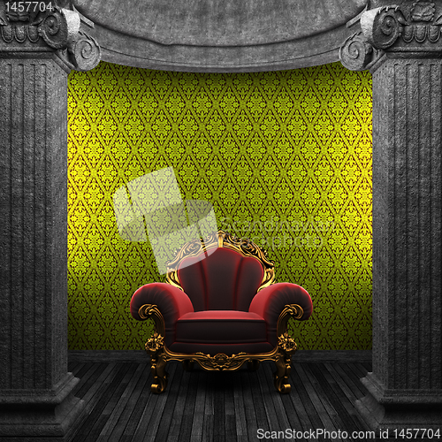 Image of stone columns, chair and wallpaper