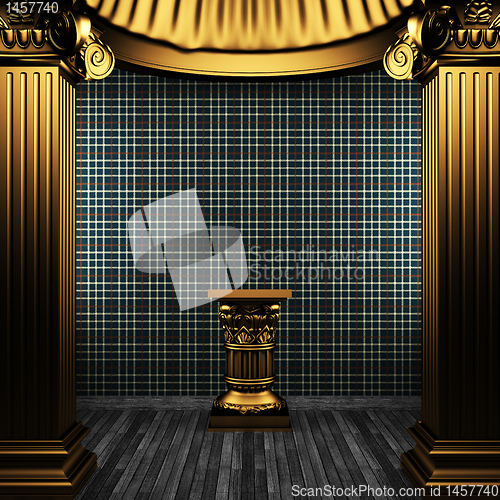 Image of bronze columns, pedestal and wallpaper