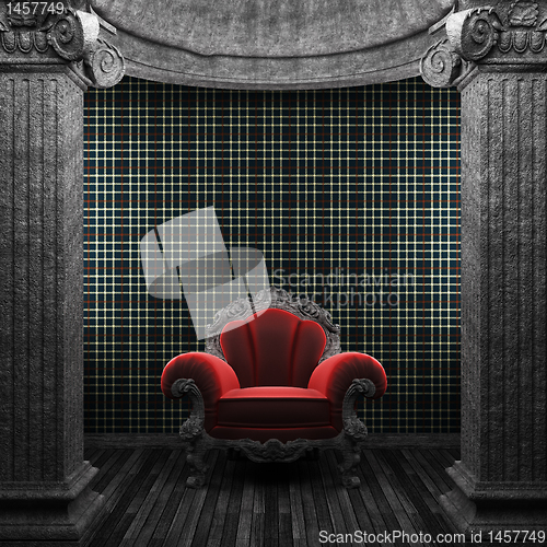 Image of stone columns, chair and wallpaper