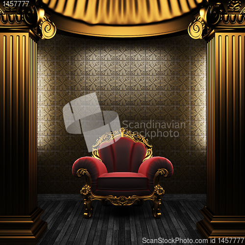 Image of bronze columns, chair and tile wall