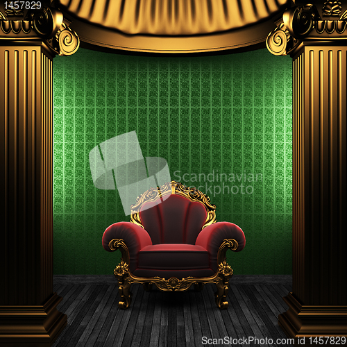 Image of bronze columns, chair and wallpaper