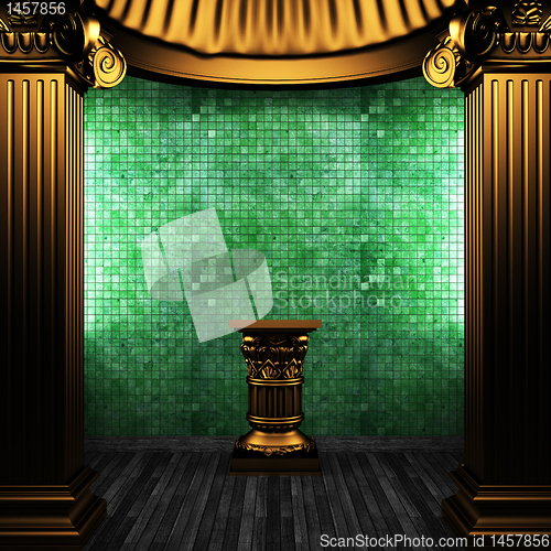 Image of bronze columns, pedestal and tile wall