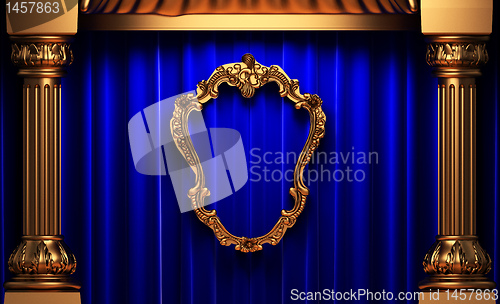 Image of blue curtains, gold columns and frames