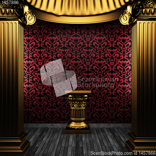 Image of bronze columns, pedestal and tile wall