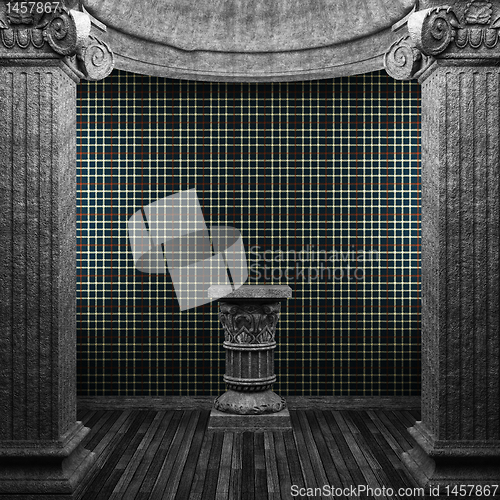 Image of stone columns, pedestal and wallpaper
