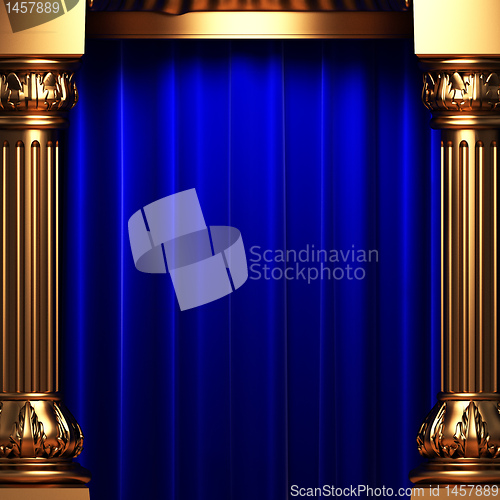 Image of blue velvet curtains behind the gold columns