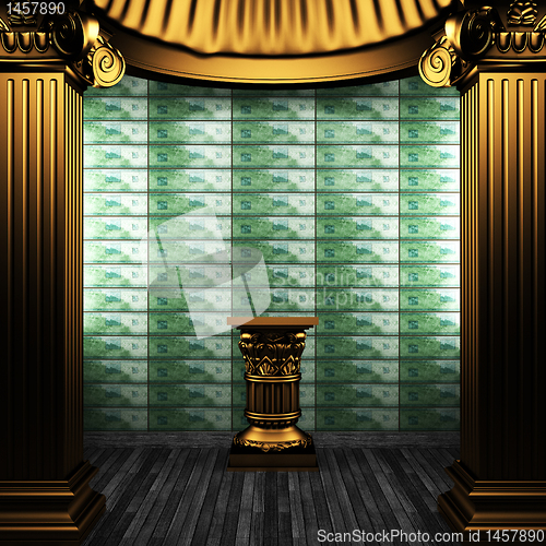 Image of bronze columns, pedestal and tile wall