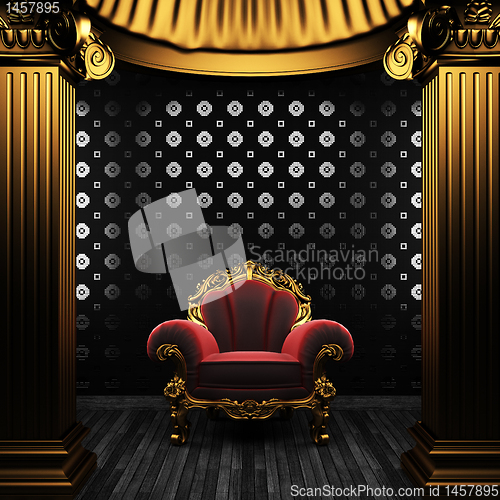 Image of bronze columns, chair and tile wall