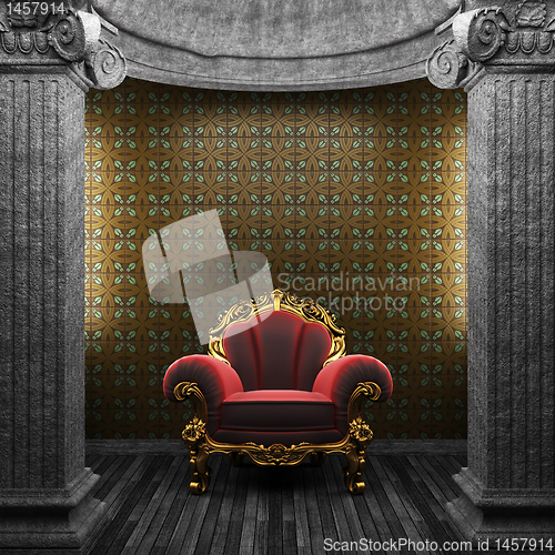 Image of stone columns, chair and tile wall