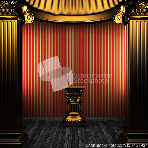 Image of bronze columns, pedestal and wallpaper