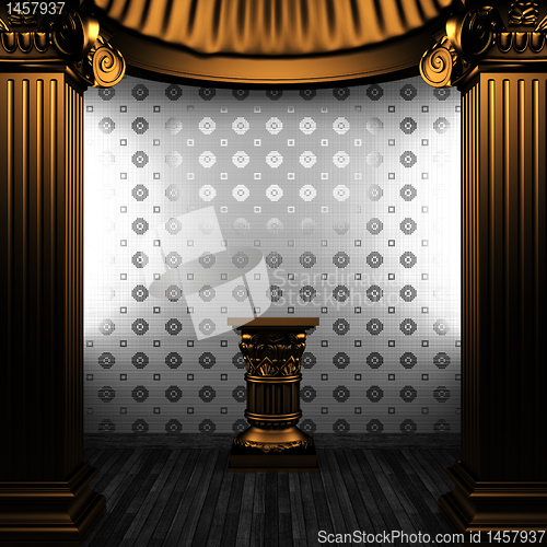 Image of bronze columns, pedestal and tile wall