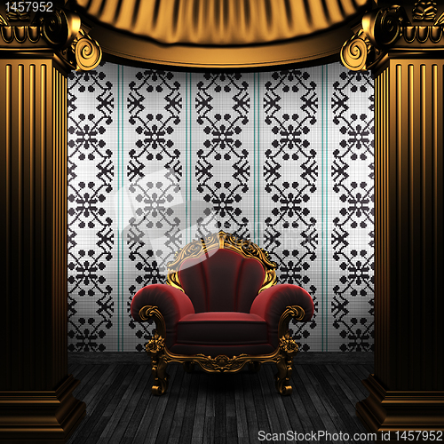 Image of bronze columns, chair and tile wall