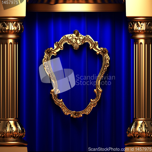 Image of blue curtains, gold columns and frames