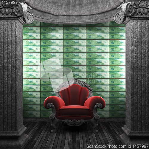 Image of stone columns, chair and tile wall