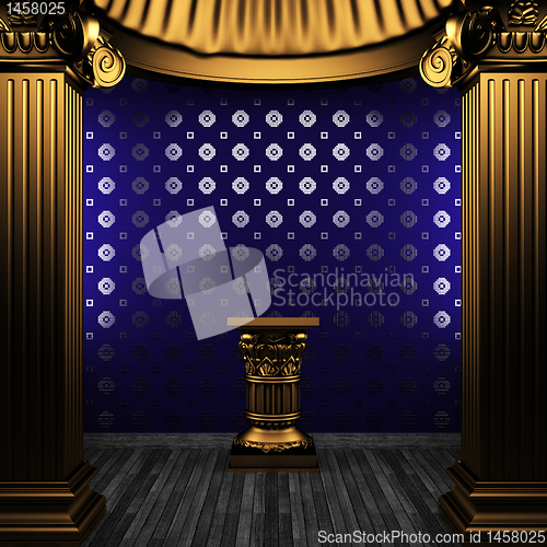 Image of bronze columns, pedestal and tile wall