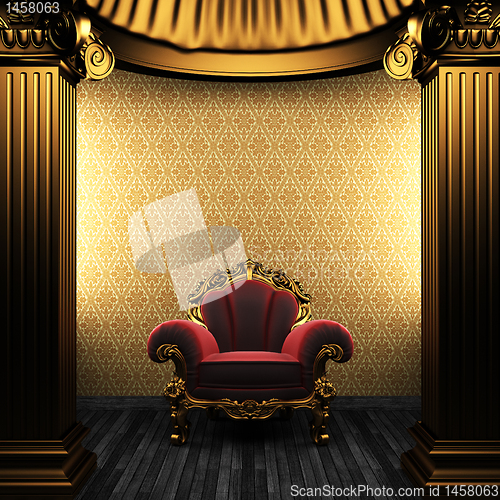 Image of bronze columns, chair and wallpaper