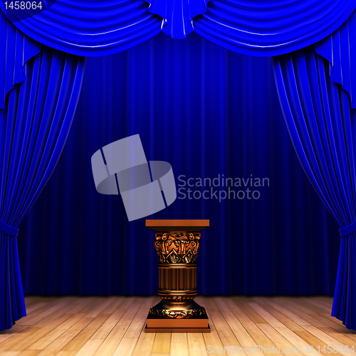 Image of blue velvet curtain and Pedestal