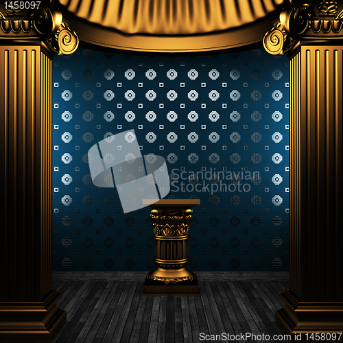 Image of bronze columns, pedestal and tile wall
