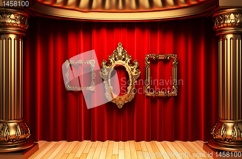 Image of red curtains, gold columns and frames