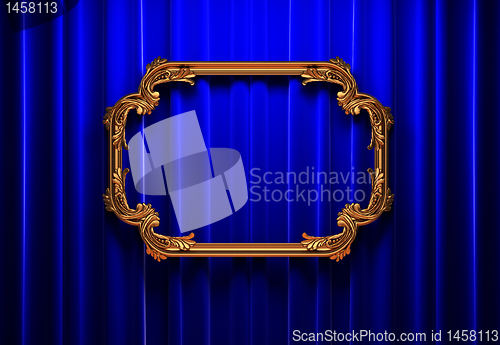 Image of blue curtains, gold frame