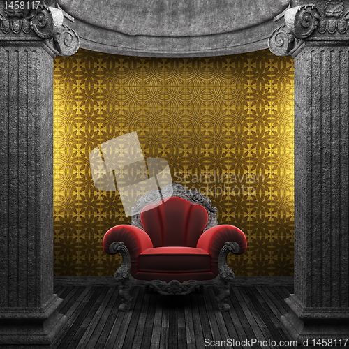 Image of stone columns, chair and tile wall