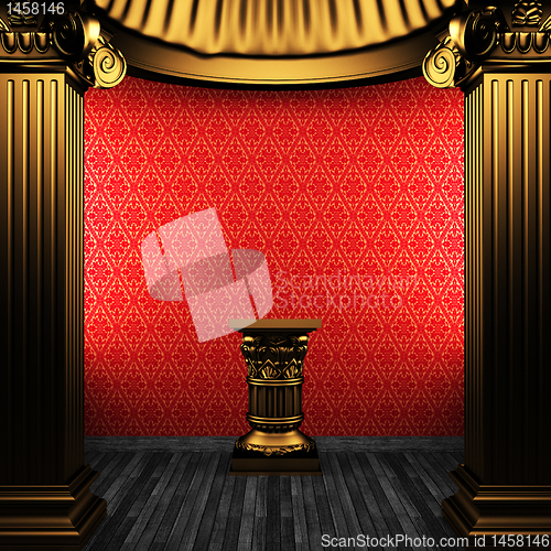 Image of bronze columns, pedestal and wallpaper