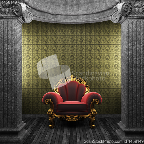 Image of stone columns, chair and tile wall