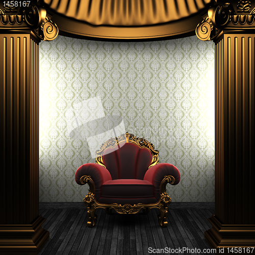 Image of bronze columns, chair and wallpaper