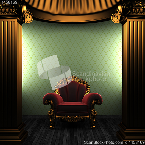 Image of bronze columns, chair and wallpaper