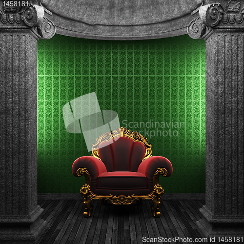 Image of stone columns, chair and wallpaper