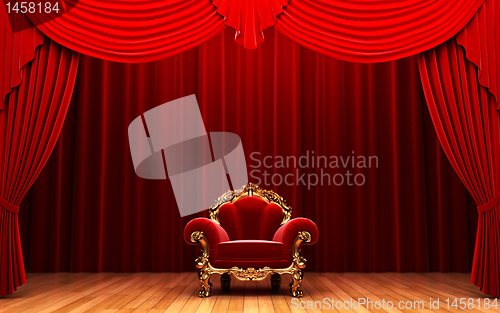 Image of Red velvet curtain and chair