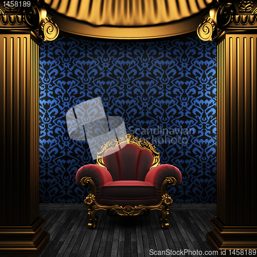 Image of bronze columns, chair and tile wall