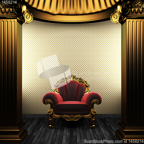 Image of bronze columns, chair and wallpaper