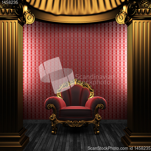 Image of bronze columns, chair and wallpaper