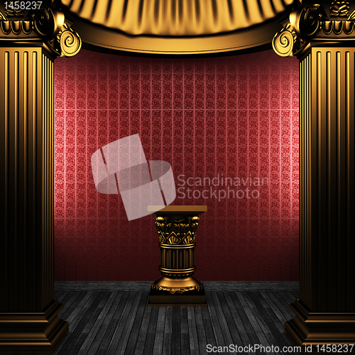 Image of bronze columns, pedestal and wallpaper