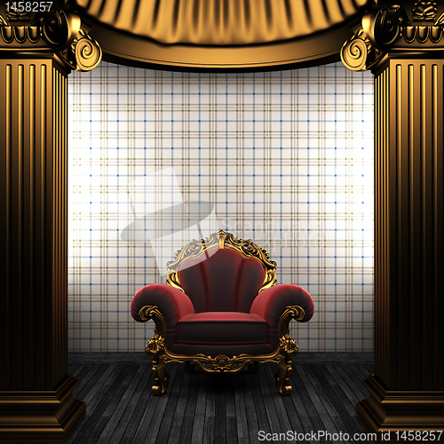 Image of bronze columns, chair and wallpaper