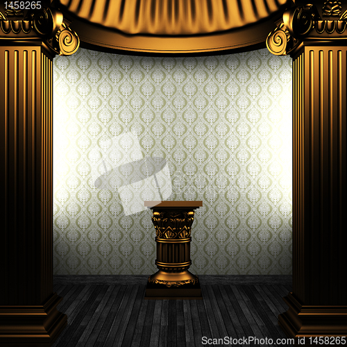 Image of bronze columns, pedestal and wallpaper