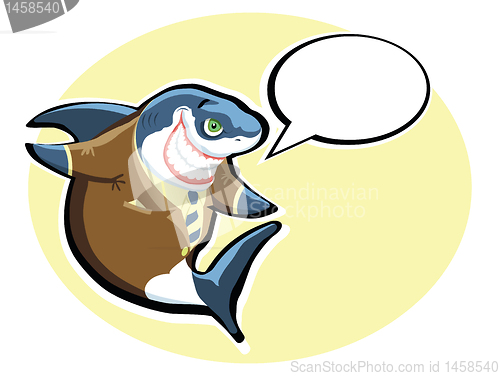 Image of Successful cartoon shark in suit with speech bubble