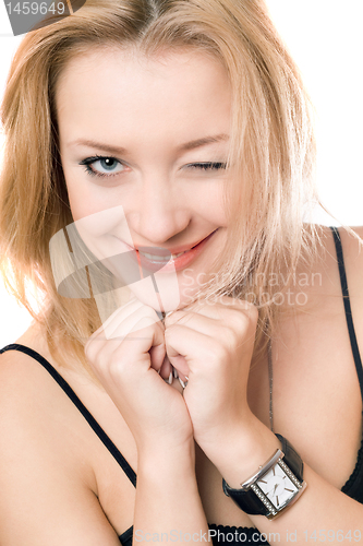 Image of Closeup portrait of a cheerful young blonde
