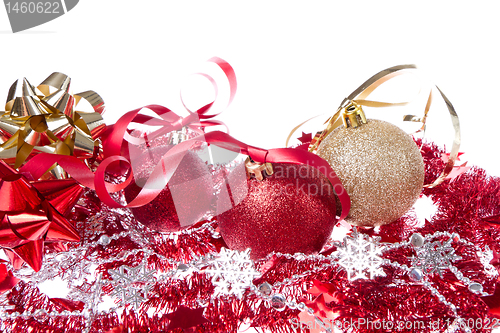 Image of christmas balls with ribbon and tinsel