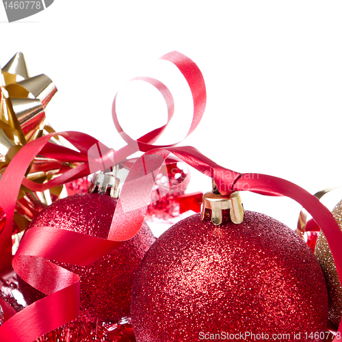 Image of christmas balls with ribbon and tinsel