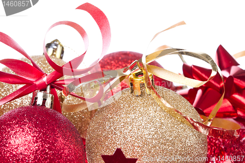 Image of christmas balls with ribbon and tinsel