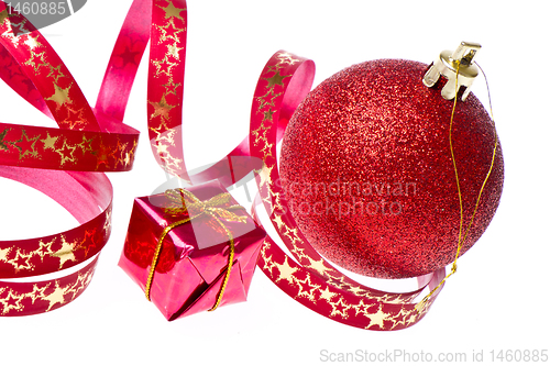 Image of red christmas ball with ribbon