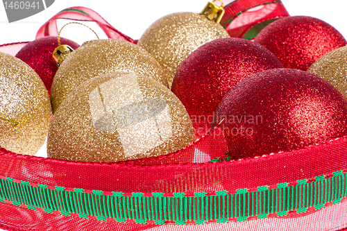 Image of christmas balls with big ribbon around