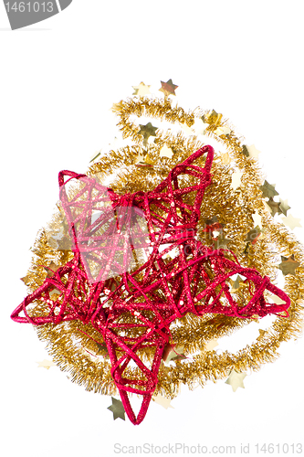 Image of red christmas star with golden tinsel