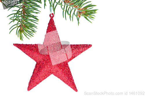 Image of red christmas star hanging from tree