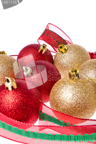 Image of christmas balls with big ribbon around