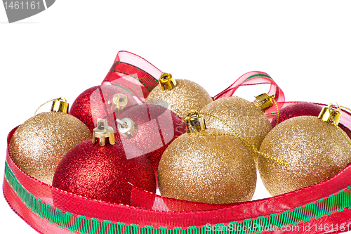 Image of christmas balls with big ribbon around