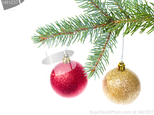 Image of red christmas ball hanging from tree