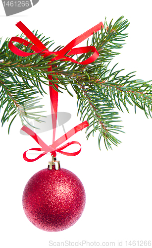 Image of red christmas ball hanging from tree